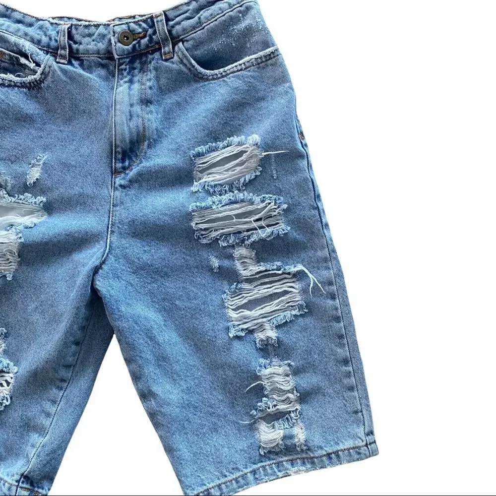 Collusion Long Length Bermuda Distressed Denim Shorts Size 4